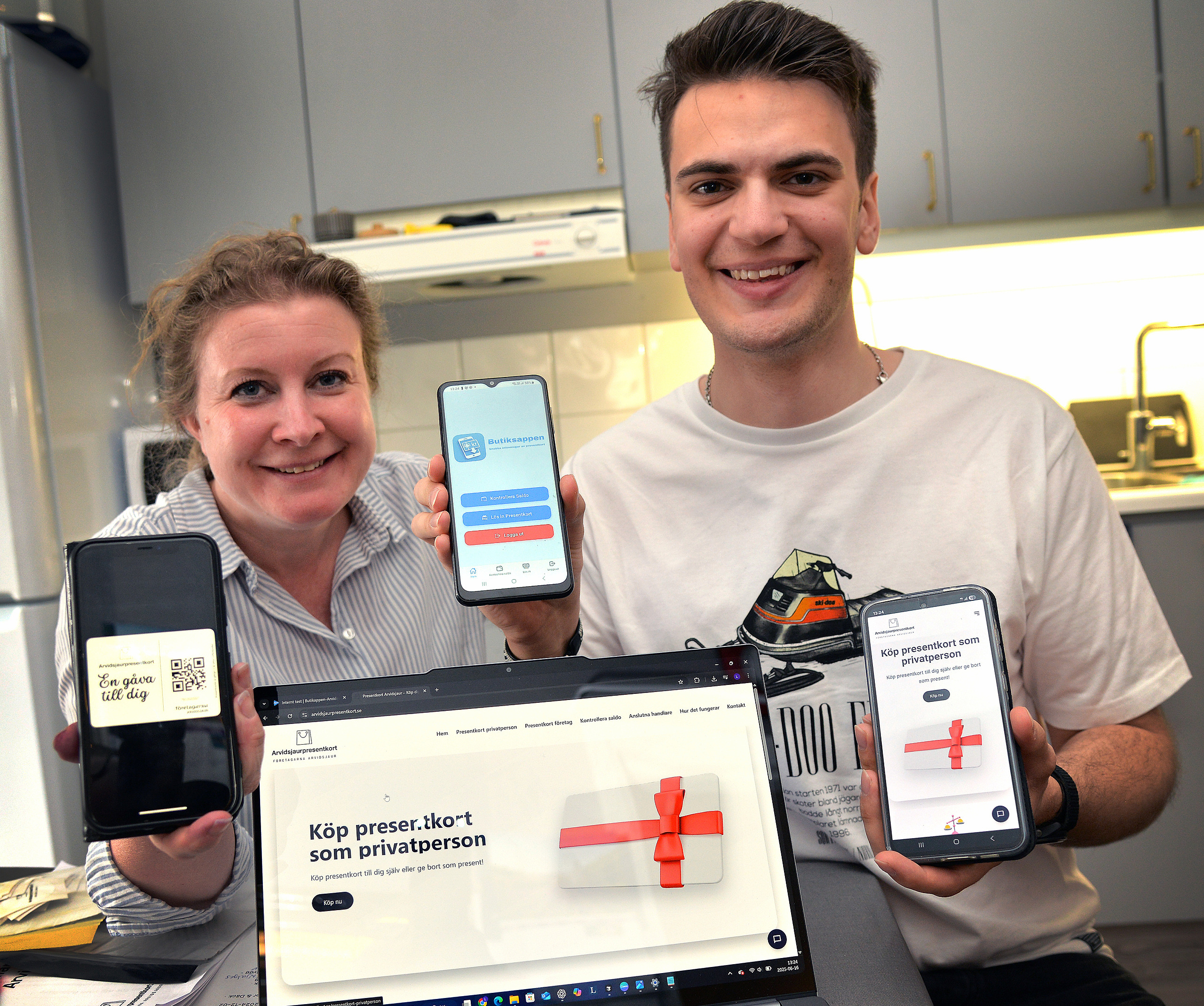 Digital lösning för Arvidsjaurpresentkort, app, Therese Jansson och Leopold Hallnor, fr Företagarnas styrelse i Arvidsjaur.