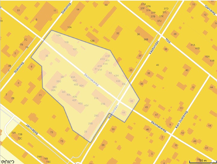 Del av Skomakaregatan och del av Västlundavägen, område som berörs av avbrottet.