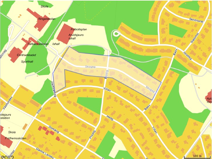 Skogsgatan och del av Hemvärnsgatan, område som berörs av avbrottet.